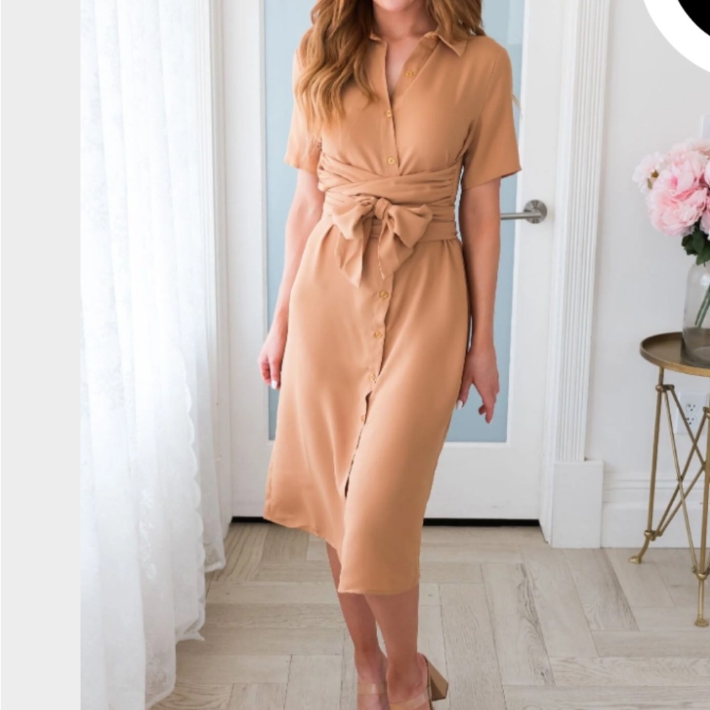Elegant Tan Button-Down Dress